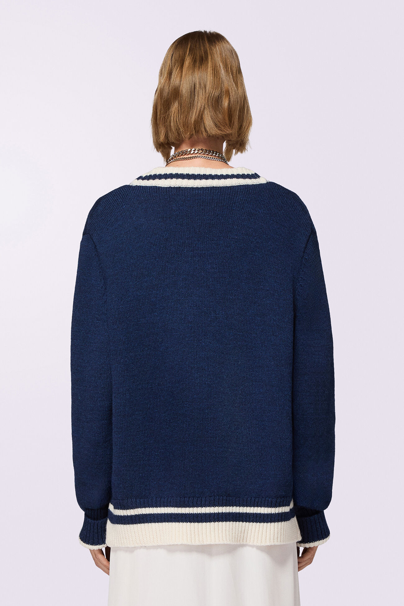 Double Cupid Embroidered Wool Cardigan Navy